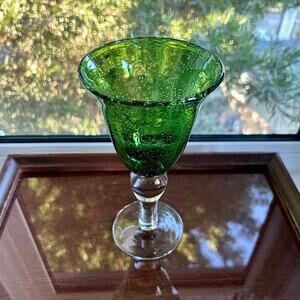 Vintage Artland Green Bubble Glass Goblet Flared Rim Clear Stem 8.25”